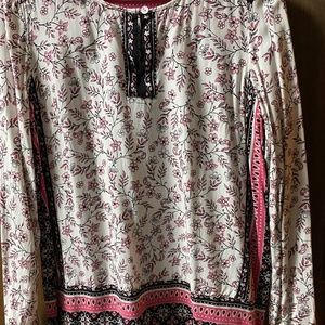 JJill, extra small, Tunic top, cream/black/pink, dressy or casual, polyester